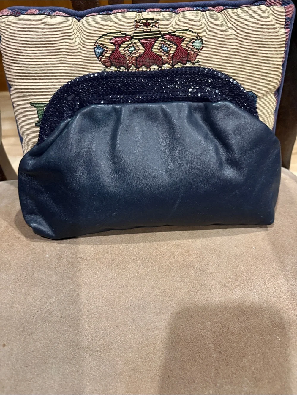 Navy Blue Sequin Accent Genuine Leather Women's Clutch